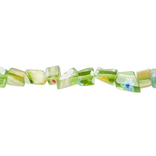 Bead, millefiori glass, translucent green apple and multicolored, small chip. Sold per 32-inch strand. image number 0