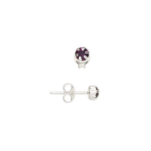Ear stud, sterling silver and glass, amethyst purple, 4mm round. Sold per pair. image number 0