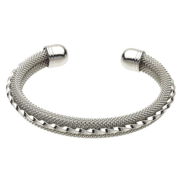 Bracelet, cuff, imitation rhodium-finished brass, 9mm wide with mesh design, 2-1/2 inch inside diameter with bell-shaped end caps. Sold individually. image number 0