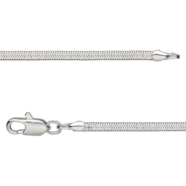 Chain, silver-plated brass, 2mm herringbone, 16 inches with lobster claw clasp. Sold individually. image number 0
