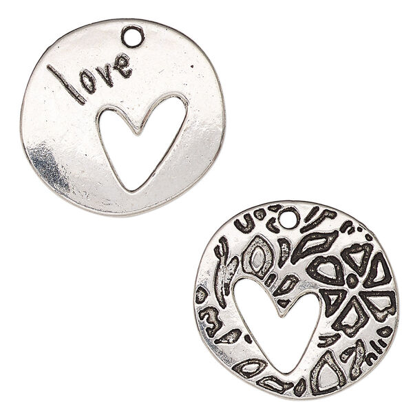 Drop, antique silver-finished "pewter" (zinc-based alloy), 22mm two-sided flat round with "Love" and cutout heart. Sold per pkg of 2. image number 0