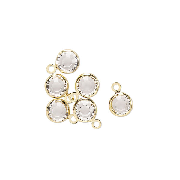 Drop, glass rhinestone and gold-finished brass, crystal clear, 6-6.5mm faceted round. Sold per pkg of 6. image number 0
