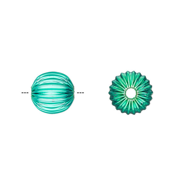 Bead, electro-coated brass, green, 10mm corrugated round. Sold per pkg of 10. image number 0
