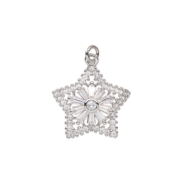 Charm, cubic zirconia and imitation rhodium-plated brass, clear, 19x18mm single-sided star. Sold individually. image number 0