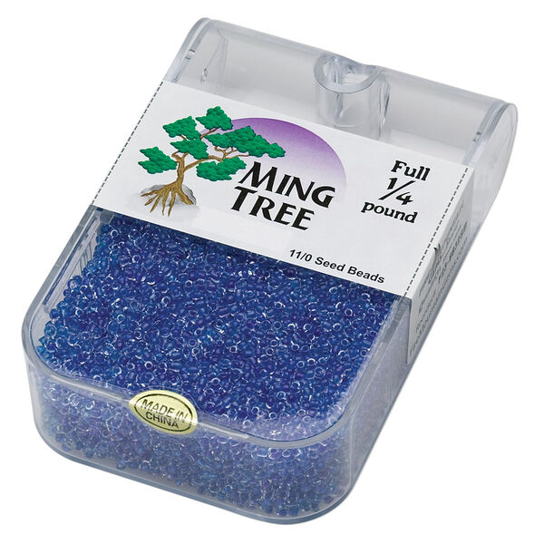 Seed bead, Ming Tree™, glass, pkg/1/4 pound, #11 round, transparent color-lined blue. image number 0