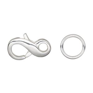 Clasp lobster claw 1pkg4 silver-plated, 21x11mm infinity / 12mm closed jump ring, brass 1-strand