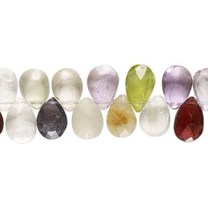 Multi-gemstone 1pkg1, hand-cut top-drilled faceted puffed teardrop bead 7.5 inch 8x5mm-11x6mm