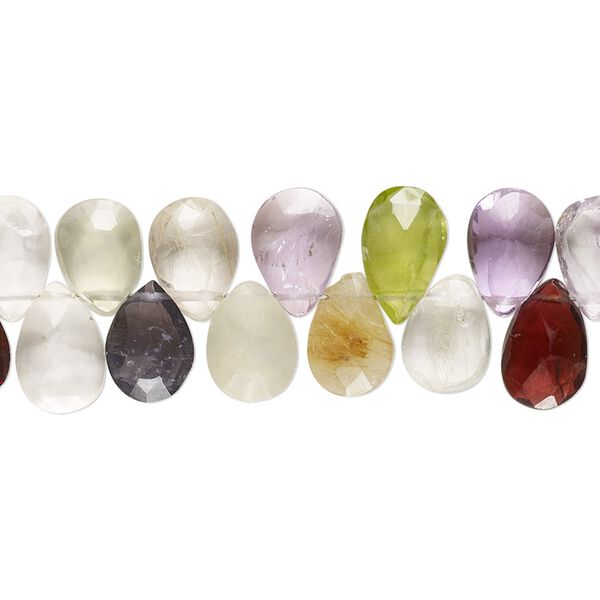 Multi-gemstone 1pkg1, hand-cut top-drilled faceted puffed teardrop bead 7.5 inch 8x5mm-11x6mm image number 0