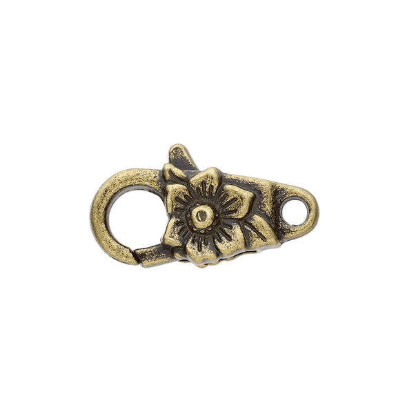 Clasp, lobster claw, antique brass-plated "pewter" (zinc-based alloy), 24x10.5mm with double-sided flower design. Sold per pkg of 6. image number 0