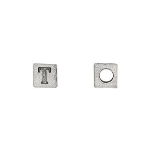 Bead, antiqued pewter (tin-based alloy), 7mm cube with Greek letter, TAU. Sold per pkg of 4.