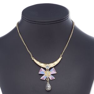 Necklace, glass rhinestone / enamel / glass / gold-finished steel / "pewter" (zinc-based alloy), multicolored, 61x55mm matte with butterfly, 16 inches with 2-inch extender chain and lobster claw clasp. Sold individually.