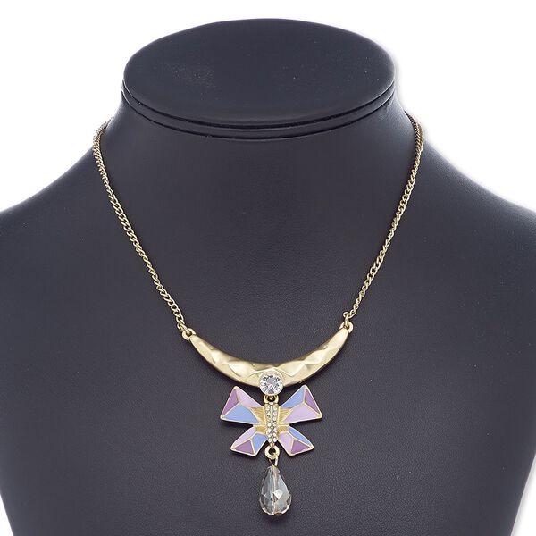 Necklace, glass rhinestone / enamel / glass / gold-finished steel / "pewter" (zinc-based alloy), multicolored, 61x55mm matte with butterfly, 16 inches with 2-inch extender chain and lobster claw clasp. Sold individually. image number 0