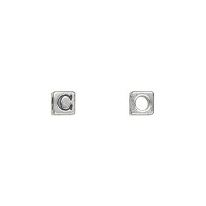 Bead, Dione®, alphabet bead, sterling silver, 5.5mm cube with alphabet letter "C." Sold individually.