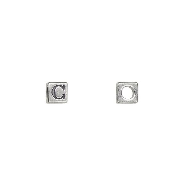 Bead, Dione®, alphabet bead, sterling silver, 5.5mm cube with alphabet letter "C." Sold individually. image number 0