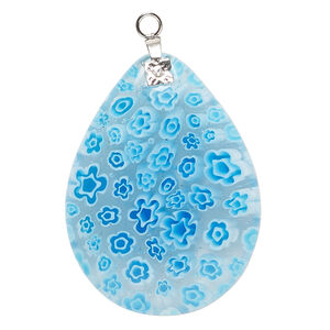 Focal, millefiori glass and silver-finished steel 1pkg1, transparent and translucent clear / blue / white, 39x29mm-40x30mm puffed teardrop.