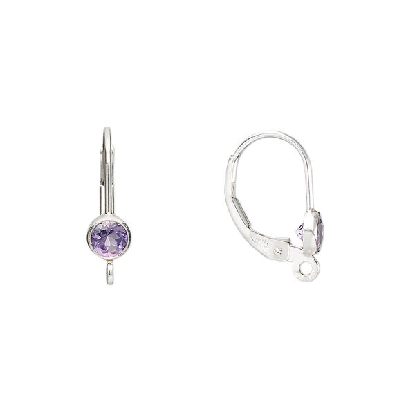 Ear wire, amethyst (natural) and sterling silver, 17mm leverback with 4mm faceted round and open loop. Sold per pair. image number 0