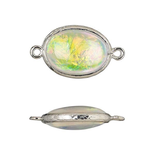 Link, Opalized Ice™, "opal" (resin) and imitation rhodium-finished brass, opaque white, 20x15mm double-sided oval. Sold per pkg of 4. image number 0