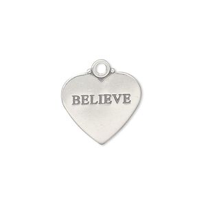 Charm, antiqued sterling silver, 17x15mm double-sided heart with "BELIEVE." Sold individually.