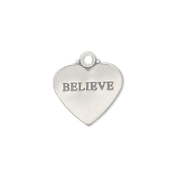 Charm, antiqued sterling silver, 17x15mm double-sided heart with "BELIEVE." Sold individually. image number 0
