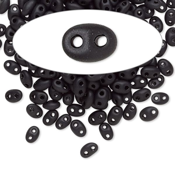 Seed bead, Preciosa Twin™ Czech glass, pkg/50g, 5x2.5mm oval, opaque matte black, (23980). image number 0