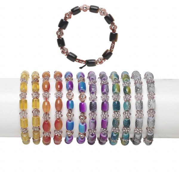 Bracelet mix, stretch, acrylic / resin / glass, mixed colors, 8x7mm-10x7mm mixed shape, 6 inches. Sold per pkg of 12. image number 0