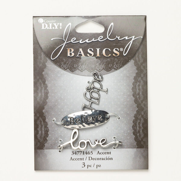 Charm and link assortment, antique silver-finished "pewter" (zinc-based alloy), 27x14mm "Hope" charm / 30x11mm hammered oval link with "Believe" / 32x14mm "love" link. Sold per pkg of 3. image number 0