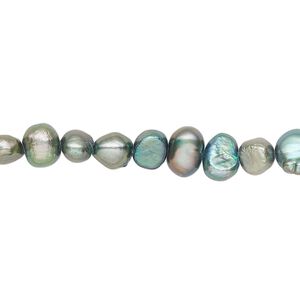 Pearl, cultured freshwater (dyed), iris green, 5-6mm flat-sided potato with 0.4-0.5mm hole, D grade, Mohs hardness 2-1/2 to 4. Sold per 15-inch strand.