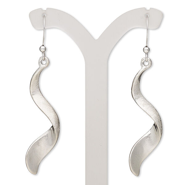 Earring, imitation rhodium-plated brass and "pewter" (zinc-based alloy), 2 inches with brushed twist and fishhook ear wire. Sold per pair. image number 0