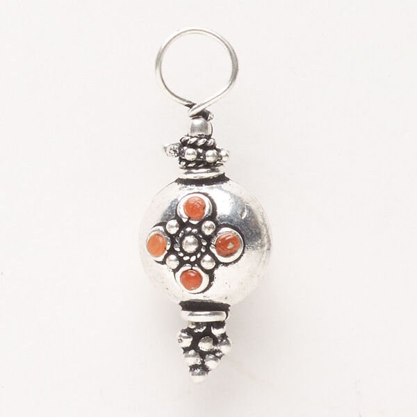 Drop, antique silver-finished "pewter" (zinc-based alloy) and carnelian (dyed / heated), 28x14mm-29x14mm. Sold individually. image number 0