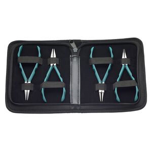 Pliers set, Wubbers® ProLine, steel and rubber, pkg/set of 4, chain-nose / round-nose / bent chain-nose / flat-nose, turquoise green and black, 5.75 inches.