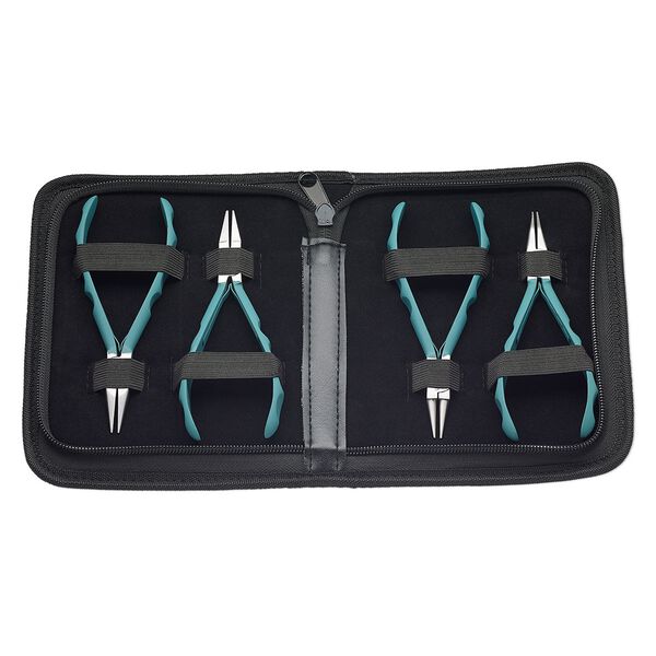 Pliers set, Wubbers® ProLine, steel and rubber, pkg/set of 4, chain-nose / round-nose / bent chain-nose / flat-nose, turquoise green and black, 5.75 inches. image number 0