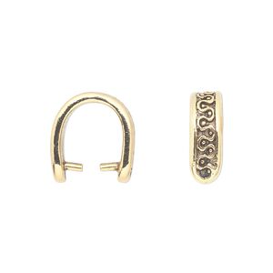 Bail, ice-pick. pewter (tin-based alloy), pkg/1, antique gold plate, 14x13mm with  scroll design, 10mm grip length.