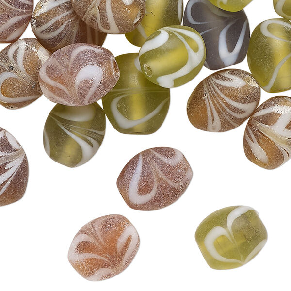 Bead mix, glass, translucent mixed colors, 11x9mm oval with swirl design. Sold per 2-ounce pkg, approximately 45 beads. image number 0