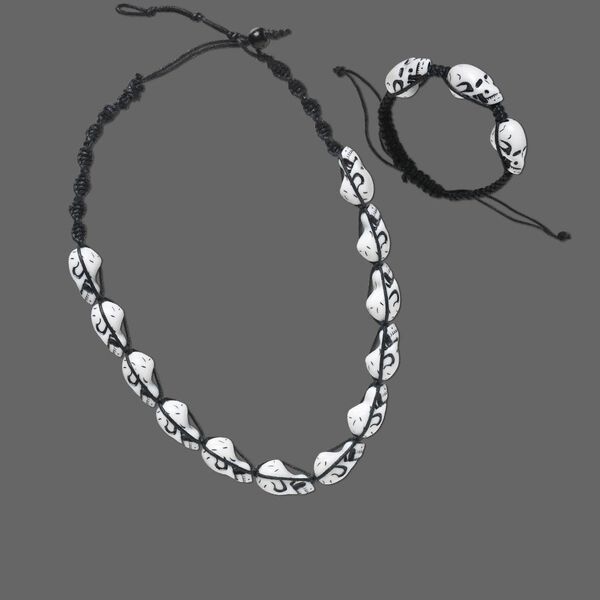 Necklace and bracelet, wood (dyed) / waxed cotton cord / acrylic, black and white, skull, 20-inch necklace with button-style clasp and 6-1/2 to 10-inch bracelet with button-style clasp. Sold per set. image number 0