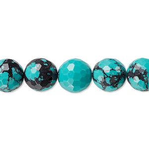 Bead, "turquoise" (resin) (imitation), blue and black, 10mm faceted round with matrix. Sold per 8-inch strand, approximately 20 beads.
