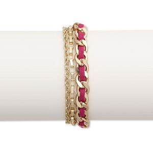 Bracelet, faux suede and gold-finished steel, pink, 7mm wide with woven design, 6-1/2 inches with 2-inch extender chain and lobster claw clasp. Sold individually.