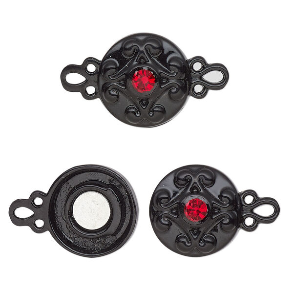 Clasp, magnetic, black-finished "pewter" (zinc-based alloy) and glass, red, 12mm double-sided round. Sold per pkg of 2. image number 0