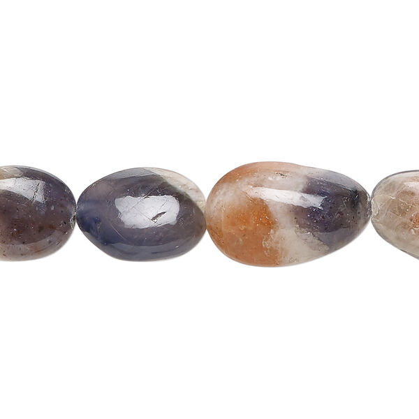 Bead, sunstone with iolite (natural), small to medium hand-cut nugget with 0.4-1mm hole, Mohs hardness 6 to 7-1/2. Sold per 9-inch strand, approximately 15 beads. image number 0