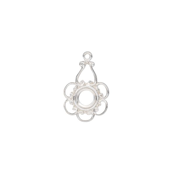 Drop, sterling silver, 16x11mm flower with 5mm round setting and open back. Sold individually. image number 0