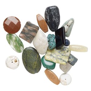 Multi-gemstone / glass 1pkg1, mixed shapes bead 1 lb mix 25x14mm-56x40mm