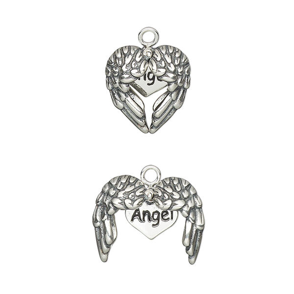 Charm, antiqued sterling silver, 13x12.5mm single-sided winged puffed heart with cutout design and "Angel" inner heart. Sold individually. image number 0