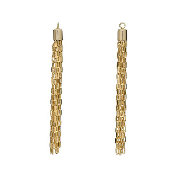 Focal, gold-finished brass, 3 x 1/4 inch tassel with cable chain. Sold per pkg of 2. image number 0
