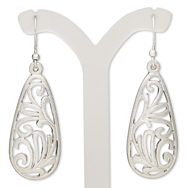 Earring, imitation rhodium-plated brass and "pewter" (zinc-based alloy), 2 inches with brushed teardrop and flower cutout design with fishhook ear wire. Sold per pair. image number 0