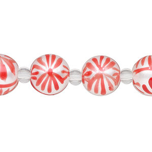 Bead, glass 1pkg8, opaque white and red, 12mm hand-painted round.