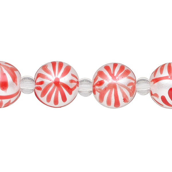 Bead, glass 1pkg8, opaque white and red, 12mm hand-painted round. image number 0