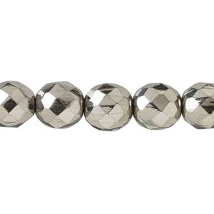 Bead, fire-polished, metallic grey glass, opaque clear, 10mm faceted round. Sold per 15-1/2 to 16-inch strand.