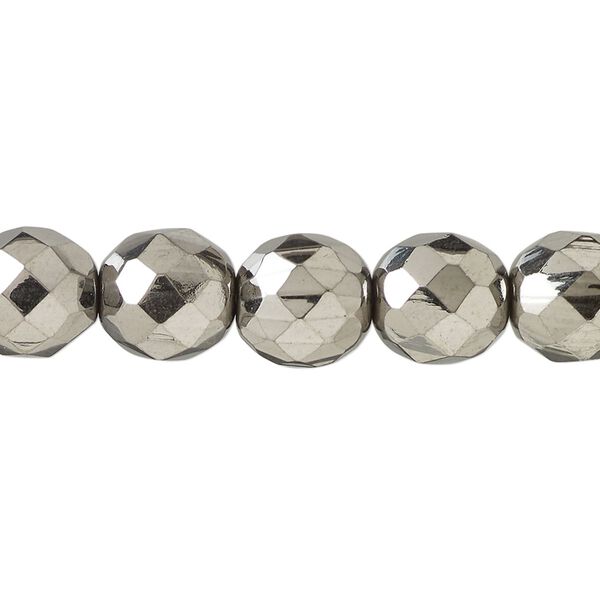 Bead, fire-polished, metallic grey glass, opaque clear, 10mm faceted round. Sold per 15-1/2 to 16-inch strand. image number 0