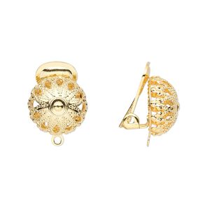 Earring clip-on 1pkg10 gold-plated, 15mm / 12mm filigree half-ball / closed loop, brass 5 pair