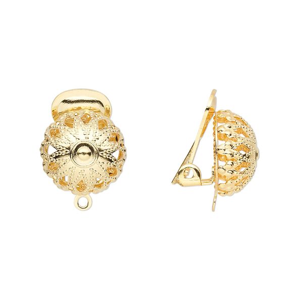 Earring clip-on 1pkg10 gold-plated, 15mm / 12mm filigree half-ball / closed loop, brass 5 pair image number 0