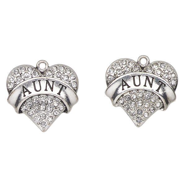 Charm, antique silver-finished enamel "pewter" (zinc-based alloy) and glass, clear and black, 24x23mm heart with "Aunt". Sold per pkg of 2. image number 0
